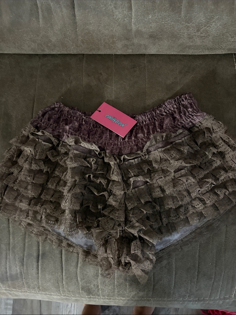 Edikted Ruffled Lace Shorts in Mauve and Taupe